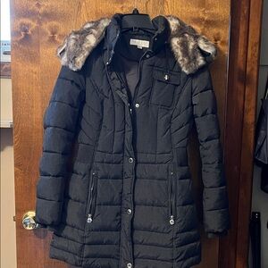 Laundry By Shelli Segal Charcoal Puffer Coat with Faux Fur Hood